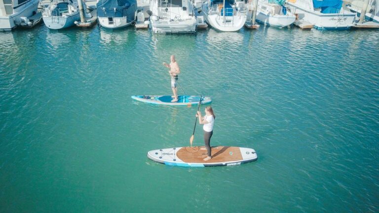 Group of friends enjoying a sunny day by paddleboarding on a wide, calm river, representing an active and social waterfron...